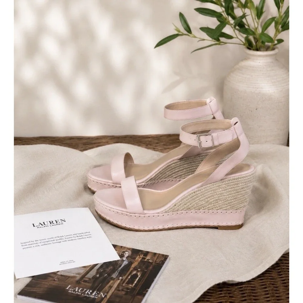 Lauren Ralph Lauren Hilarie Espadrille Platform Wedge Sandals 9B Leather